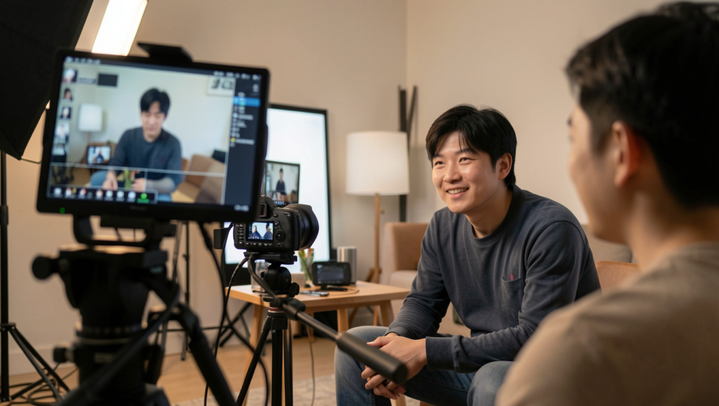 Selfie video filming setup used by creators in Malaysia monetization channels