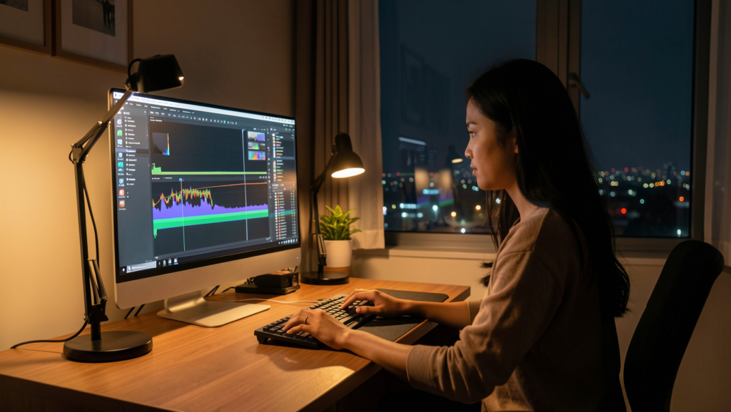 content creator sitting at a desk, editing at home for Youtube Monetization Malaysia