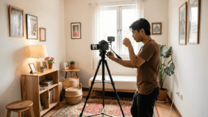 Small room with a single person in front of a camera on tripod