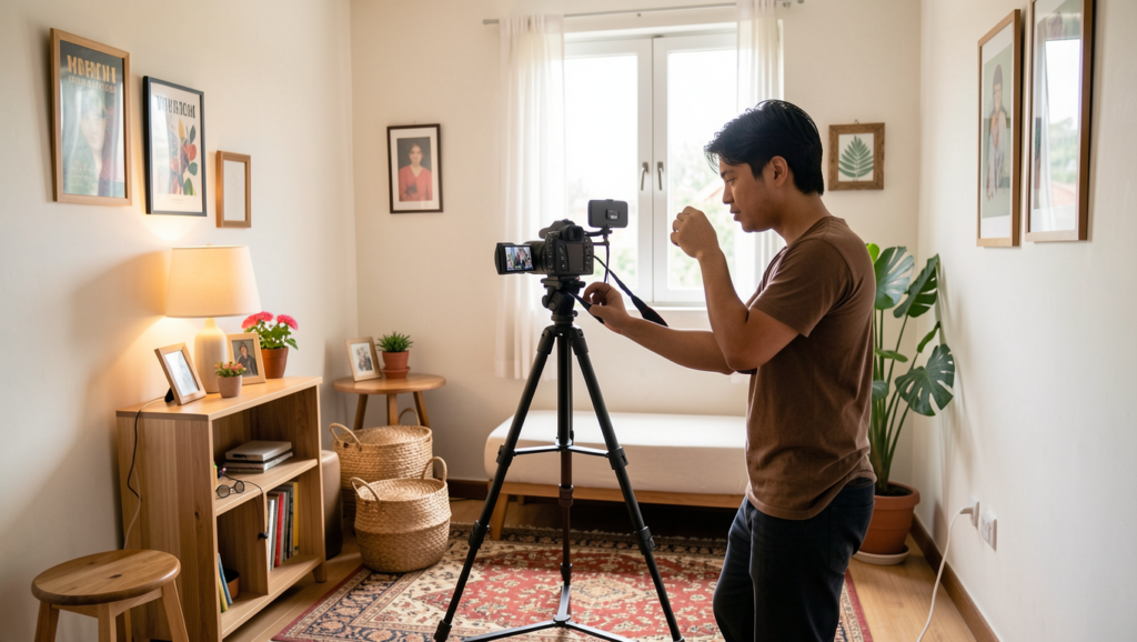Small room with a single person in front of a camera on tripod