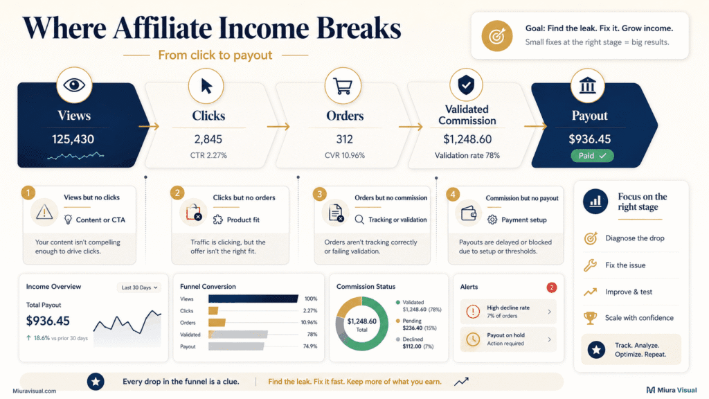 Affiliate income funnel showing where views, clicks, orders, commission and payout can break