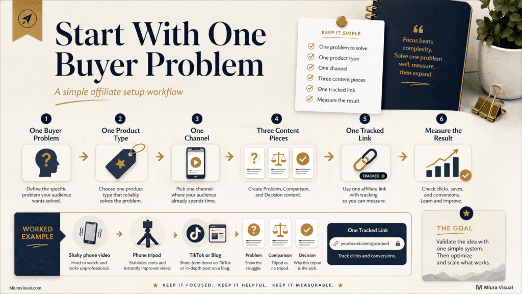 Affiliate marketing workflow using one buyer problem, one product, one channel and one tracked link