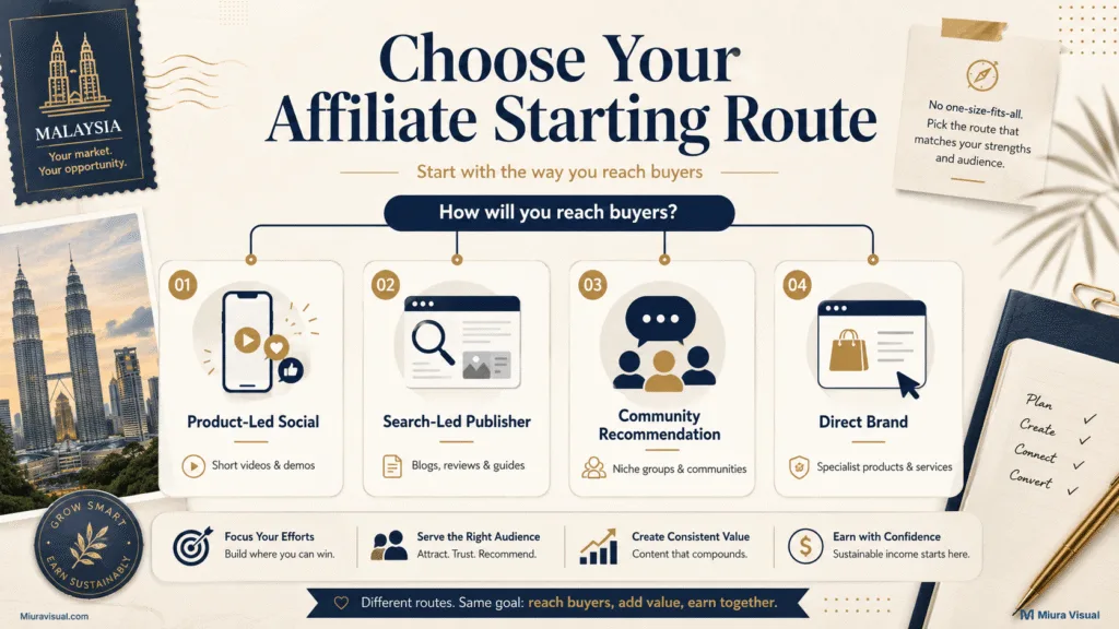 Affiliate Marketing Malaysia: How to Start Without Buying Stock 3 Four affiliate marketing starting routes for social creators, publishers, communities and direct brand promotions