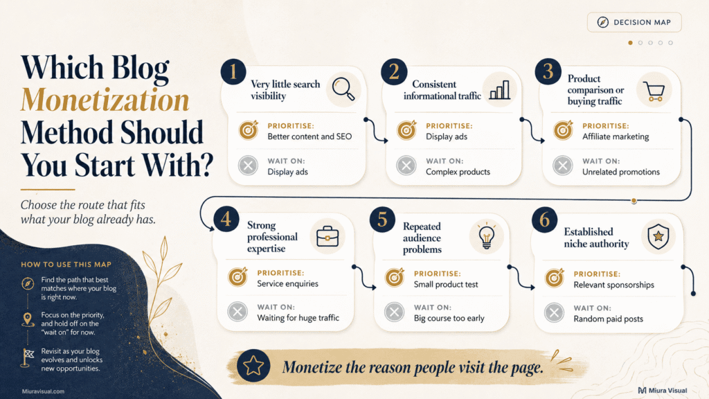 How to Make Money With a Blog in Malaysia? 2 Blog monetization decision map showing which income method to prioritise based on search visibility, traffic, buying intent, expertise and niche authority.