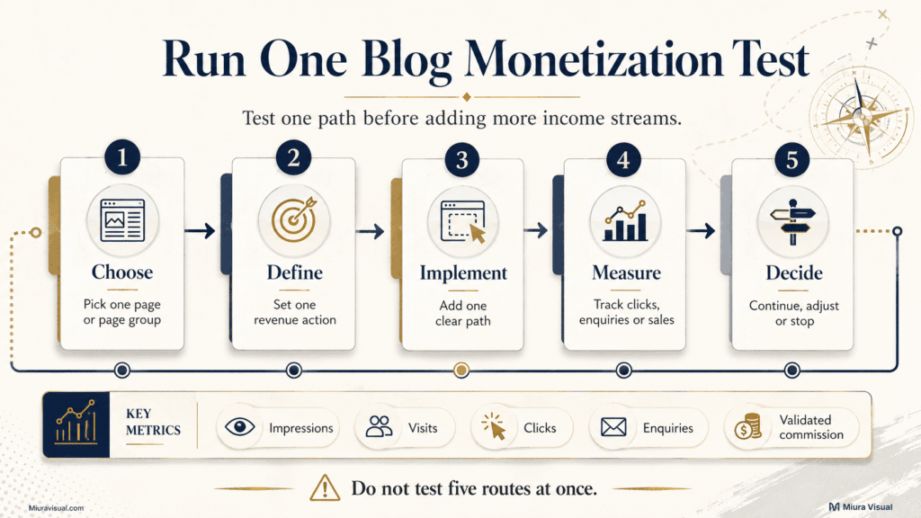 How to Make Money With a Blog in Malaysia? 8 Five-step blog monetization test workflow covering page selection, revenue action, implementation, measurement and the decision to continue, adjust or stop.