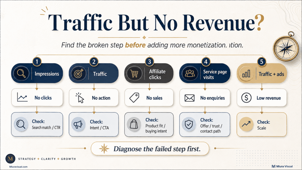 How to Make Money With a Blog in Malaysia? 7 Troubleshooting guide showing what to check when blog impressions, traffic, affiliate clicks, service visits or ads do not lead to revenue.