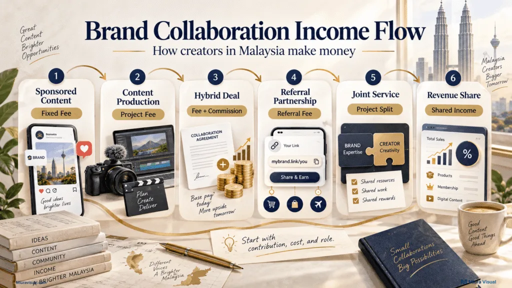 Brand Collaborations in Malaysia: How Creators Find Deals and Make Money 2 Brand collaboration income flow showing sponsored content, project fees, commissions, referrals, joint services and revenue sharing for creators.