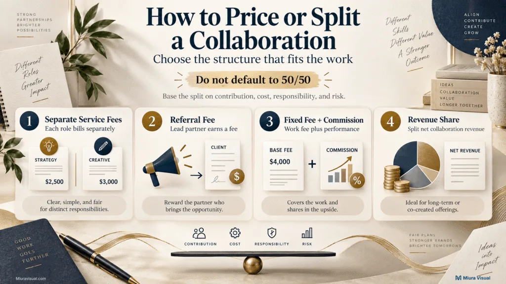 Brand Collaborations in Malaysia: How Creators Find Deals and Make Money 4 Brand collaboration pricing framework comparing separate service fees, referral fees, fixed fees plus commission and revenue sharing.