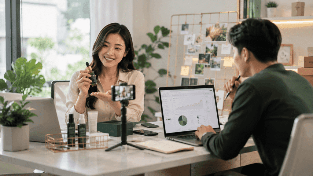 Creator presenting a skincare product while reviewing promotional content and performance data in a collaborative workspace