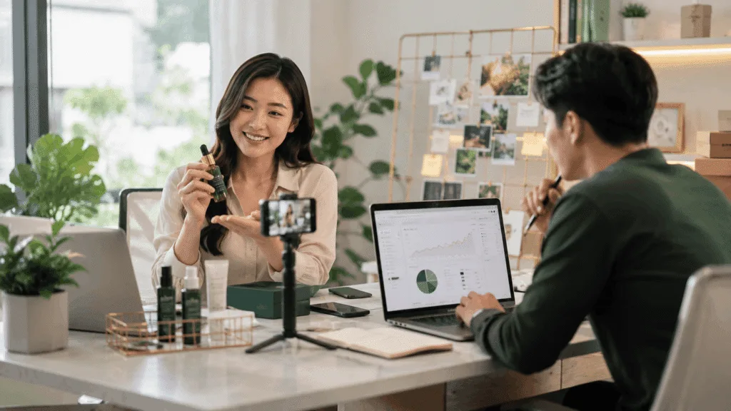 Miura Visual Portfolio | Digital, Visual & Brand Work 17 Creator presenting a skincare product while reviewing promotional content and performance data in a collaborative workspace