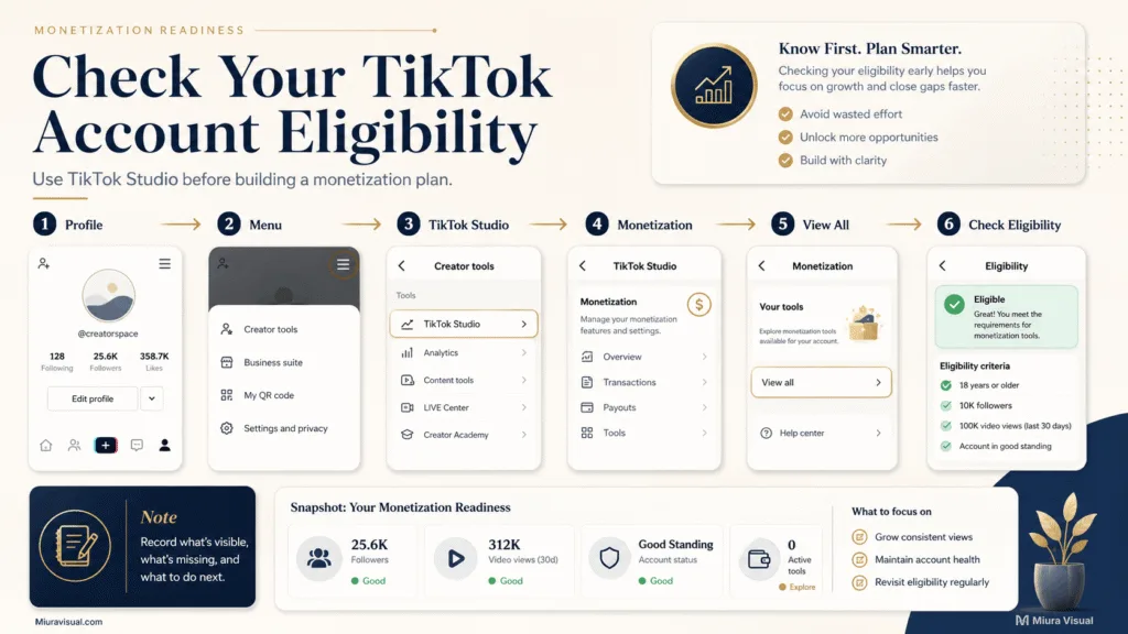 Step-by-step infographic showing how creators can check TikTok Studio monetization and account eligibility.