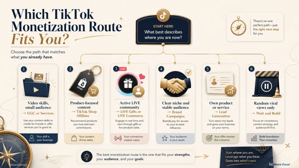 Decision infographic matching video skills, product content, LIVE audiences, brand campaigns and services with suitable TikTok monetization routes.