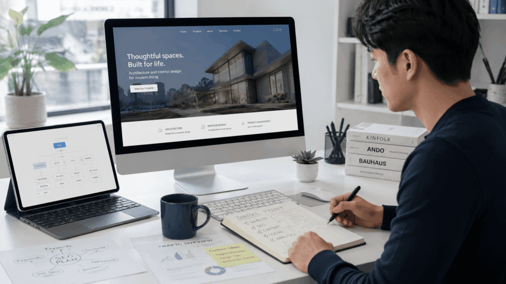 Professional planning digital presence strategy with website layout, sitemap and SEO materials on a modern desk
