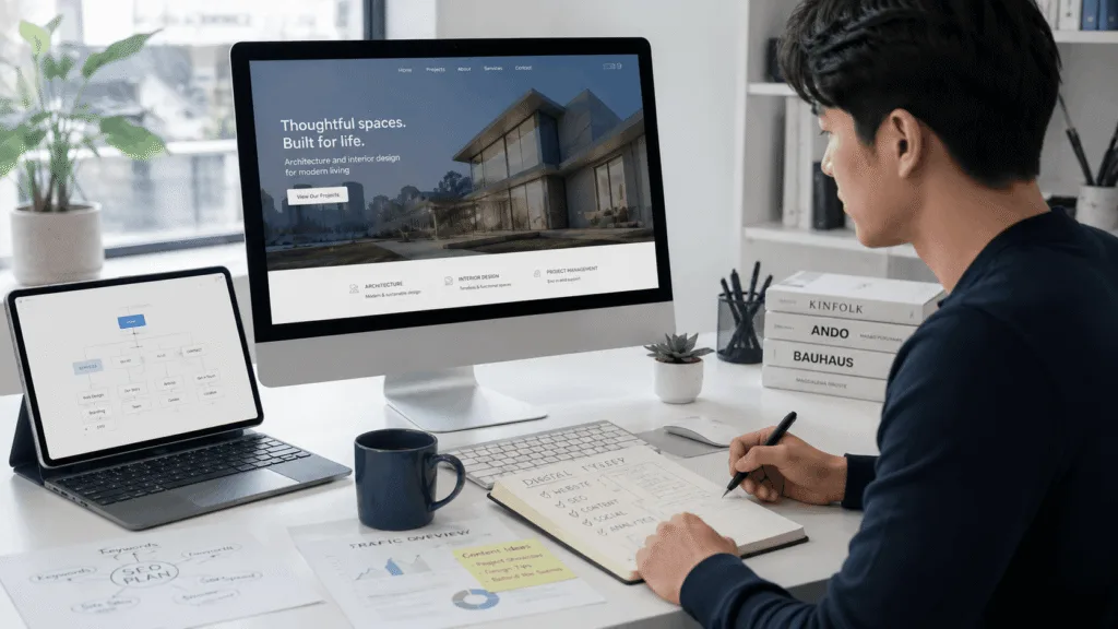 Miura Visual Portfolio | Digital, Visual & Brand Work 15 Professional planning digital presence strategy with website layout, sitemap and SEO materials on a modern desk