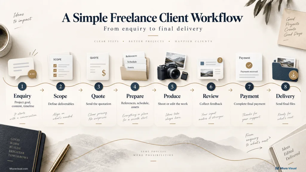 How to Become a Freelance Content Creator in Malaysia 4 Freelance client workflow from enquiry and quotation to review, payment and final delivery