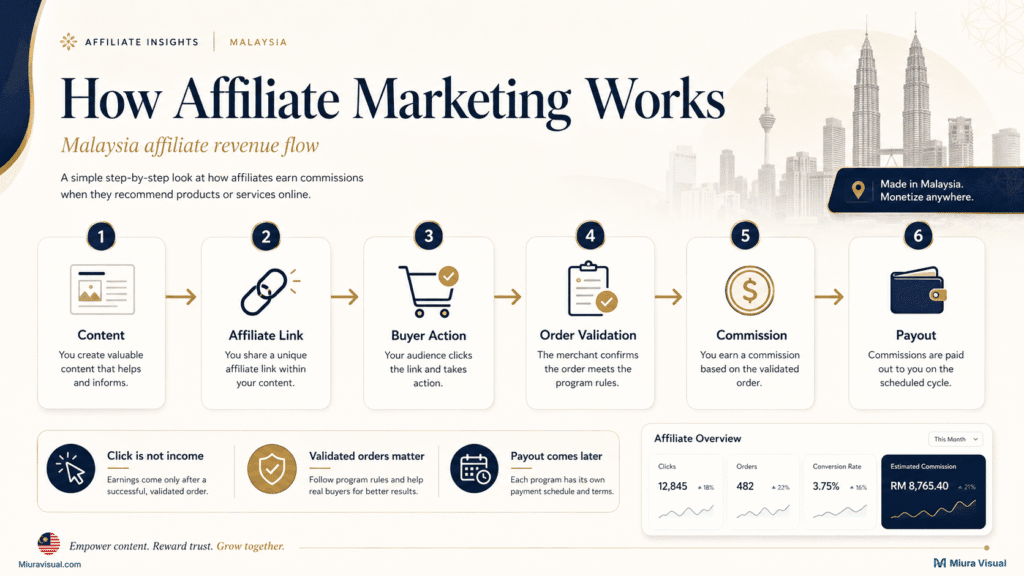 Affiliate marketing workflow from content and affiliate links to validated commission and payout
