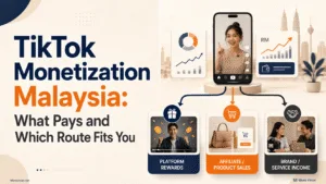 How Content Creators Make Money in Malaysia? From Skills to Income 9 Tiktok Monetization Malaysia: Malaysian Asian content creator filming a short video beside a laptop with monetization and performance graphics.