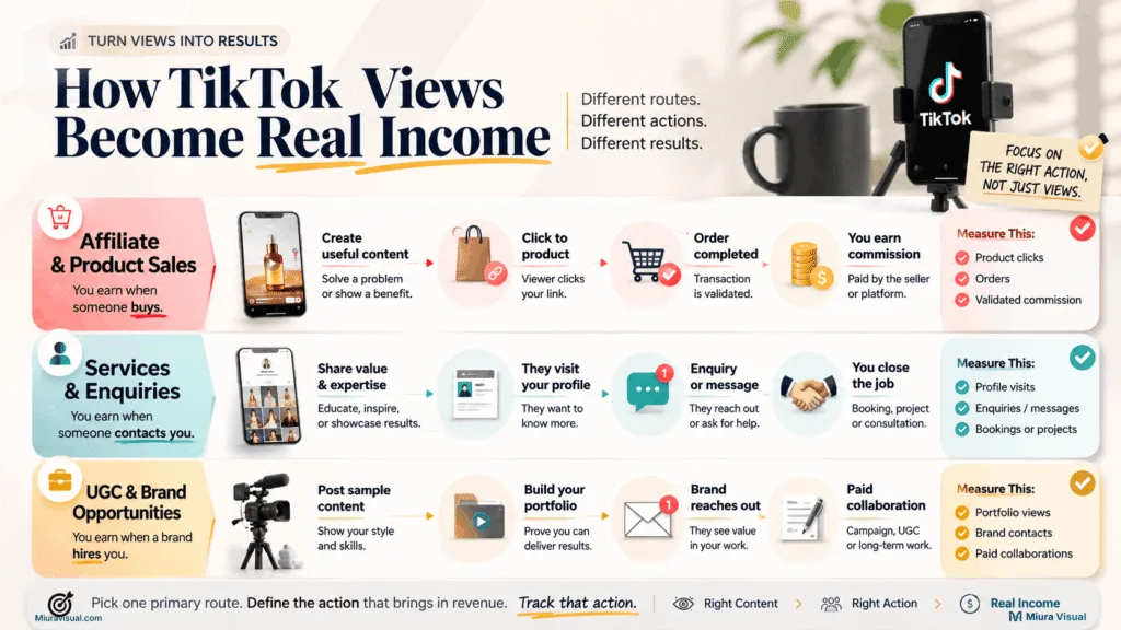 Infographic comparing affiliate sales, service enquiries and UGC brand opportunities generated through TikTok content.