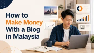 How Content Creators Make Money in Malaysia? From Skills to Income 7 Hero image for How to Make Money With a Blog in Malaysia featuring a Malaysian Chinese creator working on a laptop with floating analytics panels and a clean modern blog cover design.