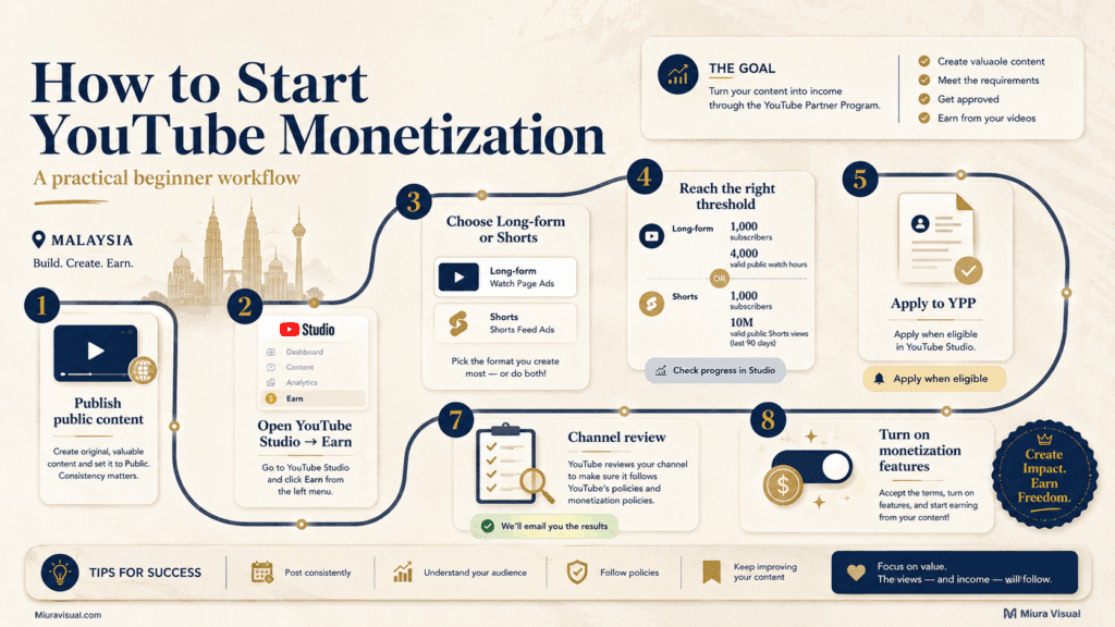 Step-by-step YouTube monetization workflow in Malaysia from publishing content and checking YouTube Studio to YPP approval