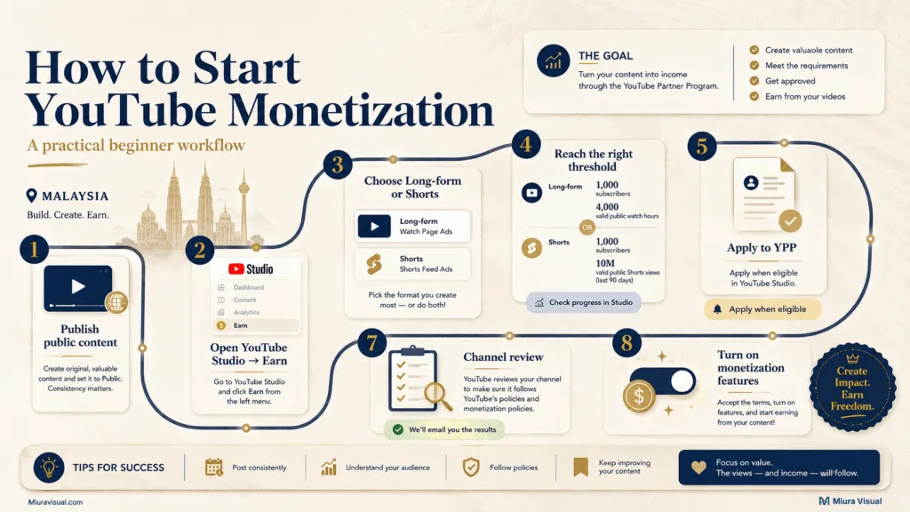 YouTube Monetization Malaysia: How to Start and Get Paid 4 Step-by-step YouTube monetization workflow in Malaysia from publishing content and checking YouTube Studio to YPP approval