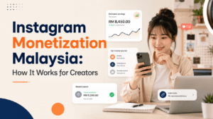 How to Make Money With a Blog in Malaysia? 16 Malaysian Chinese creator checking Instagram monetization and earnings tools on a smartphone in a modern workspace.