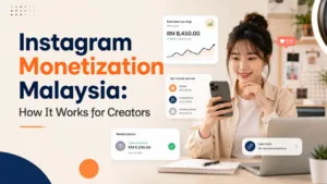 How Content Creators Make Money in Malaysia? From Skills to Income 13 Malaysian Chinese creator checking Instagram monetization and earnings tools on a smartphone in a modern workspace.
