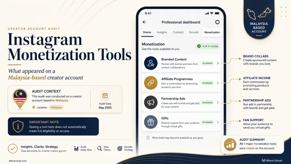 Instagram monetization tools shown on a Malaysia-based creator Professional Dashboard, including branded content, affiliate programmes, partnership ads and Gifts.