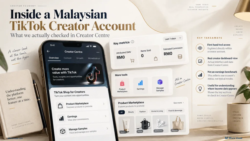 Malaysian TikTok Creator Centre showing attributed GMV, items sold, estimated commission and affiliate tools