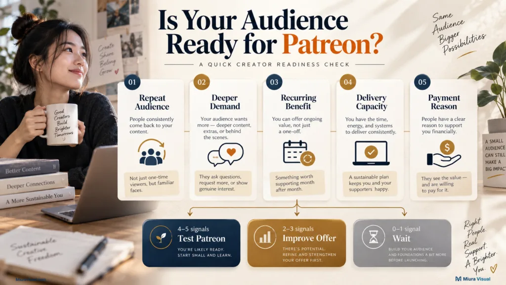 Patreon Malaysia for Creators: How It Works, Fees and Payouts 4 Patreon audience readiness check covering repeat audience, deeper demand, recurring value, delivery capacity and payment reason