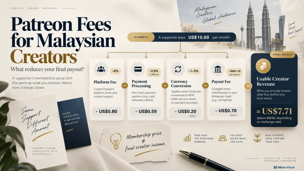 Patreon Malaysia for Creators: How It Works, Fees and Payouts 3 Patreon fees breakdown for Malaysian creators including platform, processing, currency conversion and payout fees