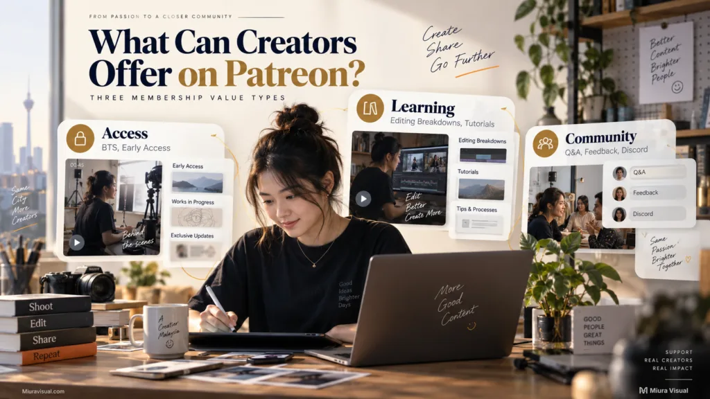 Patreon Malaysia for Creators: How It Works, Fees and Payouts 5 Malaysian creator workspace showing Patreon membership ideas based on access, learning and community value