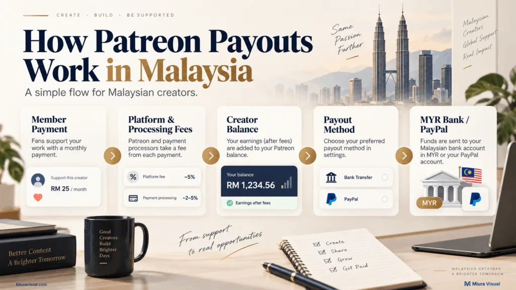 Patreon Malaysia for Creators: How It Works, Fees and Payouts 2 Patreon payout flow showing member payment, fees, creator balance, payout method and Malaysian bank transfer