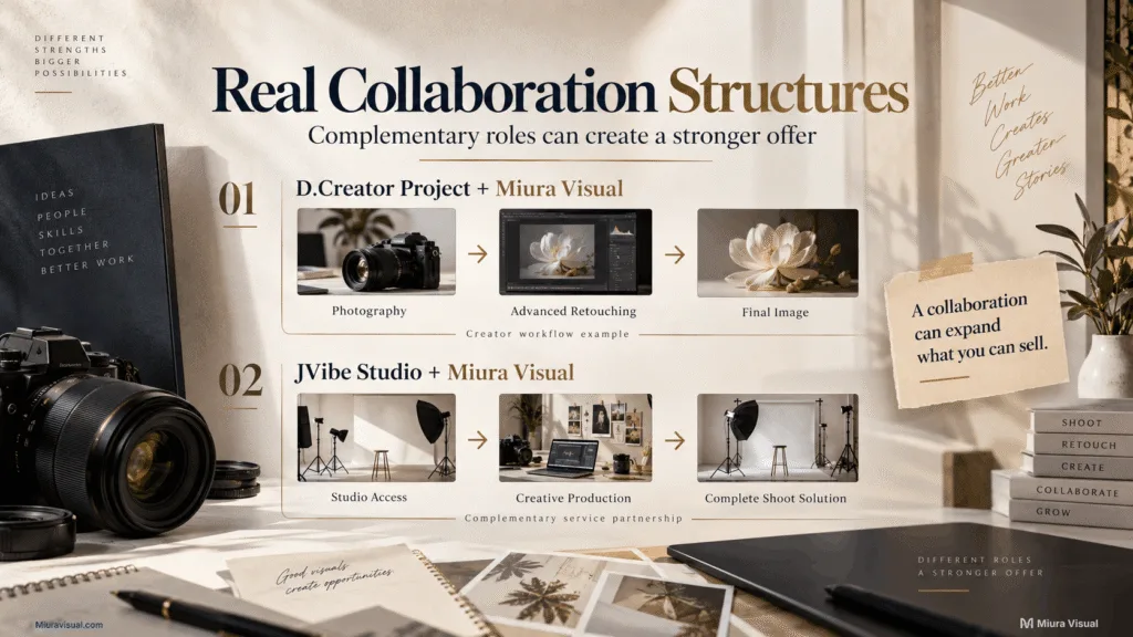 Brand Collaborations in Malaysia: How Creators Find Deals and Make Money 5 Collaboration workflow showing D.Creator photography with Miura Visual retouching and JVibe Studio access with Miura Visual creative production.