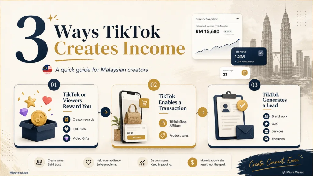Infographic explaining three TikTok income paths through viewer rewards, product transactions and business leads.