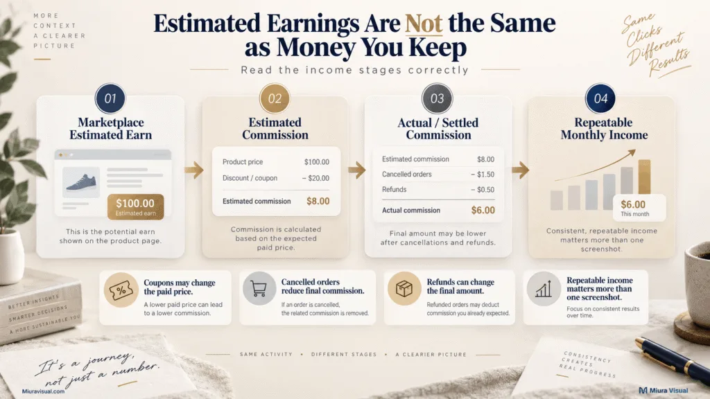 TikTok affiliate earnings flow from marketplace estimated earn to estimated commission, settled commission and repeatable monthly income
