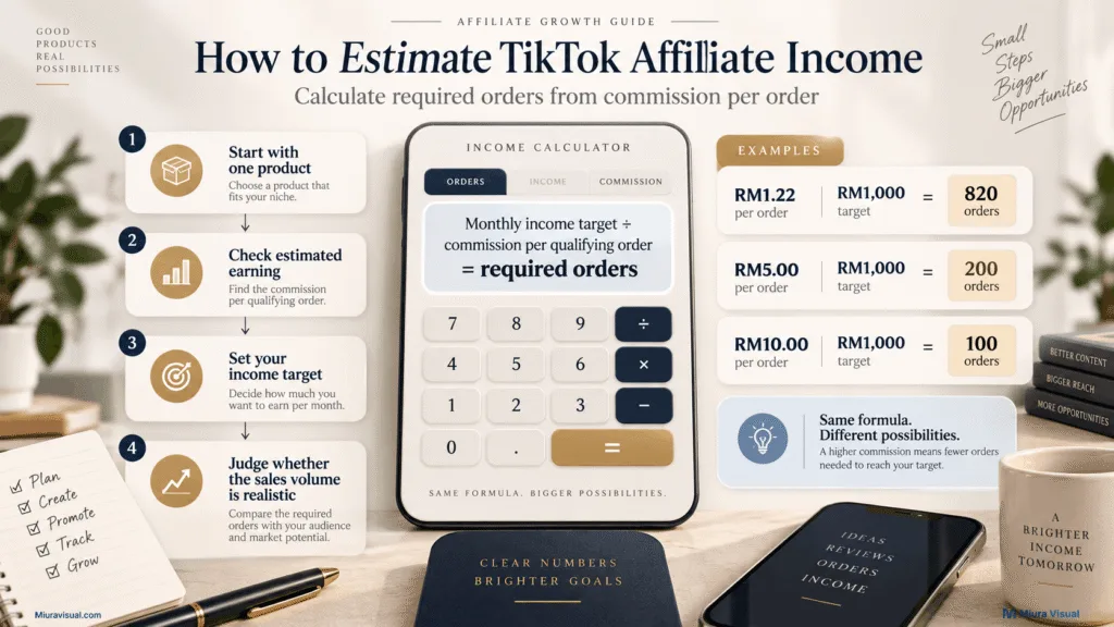 How much TikTok Affiliate earn in Malaysia based on commission per order and qualifying orders needed for an income target