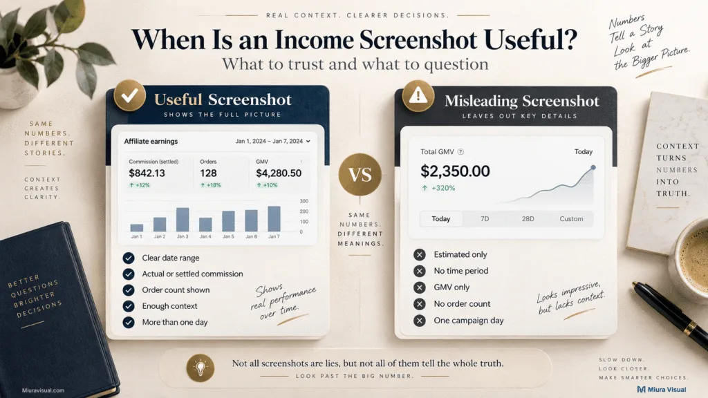 Comparison of useful and misleading TikTok affiliate income screenshots based on date range, commission, orders and context