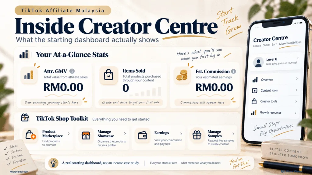 TikTok Affiliate Malaysia for Creators: How to Start in 2026 4 TikTok Shop Creator Centre dashboard showing attributed GMV, items sold, estimated commission and creator tools