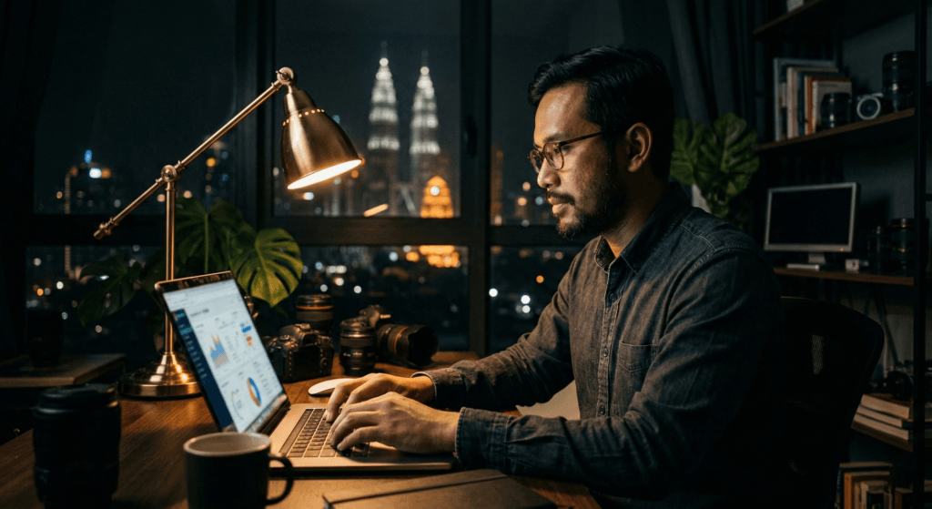 Image of Tiktok Affiliate Malaysia. Realistic editorial photo of a Southeast Asian male content creator working at a desk at night. Laptop open showing a blurred analytics dashboard. Warm desk lamp lighting, dark room background, natural skin texture, cinematic shadows, shot on full-frame DSLR, 35mm lens, f1.8, shallow depth of field, professional magazine style photography.
