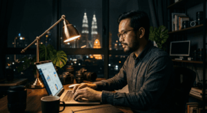 Tiktok Affiliate Malaysia : Market Mechanics, Income Logic, and Structural Risk 7 Image of Tiktok Affiliate Malaysia. Realistic editorial photo of a Southeast Asian male content creator working at a desk at night. Laptop open showing a blurred analytics dashboard. Warm desk lamp lighting, dark room background, natural skin texture, cinematic shadows, shot on full-frame DSLR, 35mm lens, f1.8, shallow depth of field, professional magazine style photography.