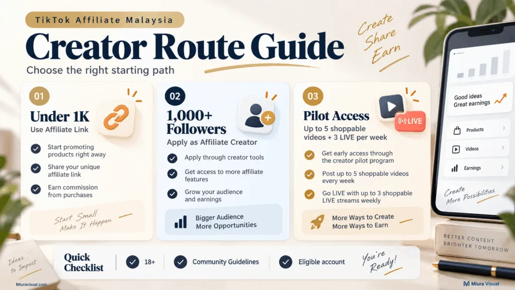 TikTok Affiliate Malaysia for Creators: How to Start in 2026 2 TikTok Affiliate Malaysia creator route guide for under 1K followers, 1,000+ followers and pilot access