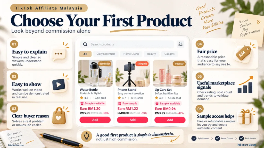 TikTok Affiliate Malaysia for Creators: How to Start in 2026 5 TikTok Affiliate product selection guide showing product fit, marketplace signals, price, samples and commission