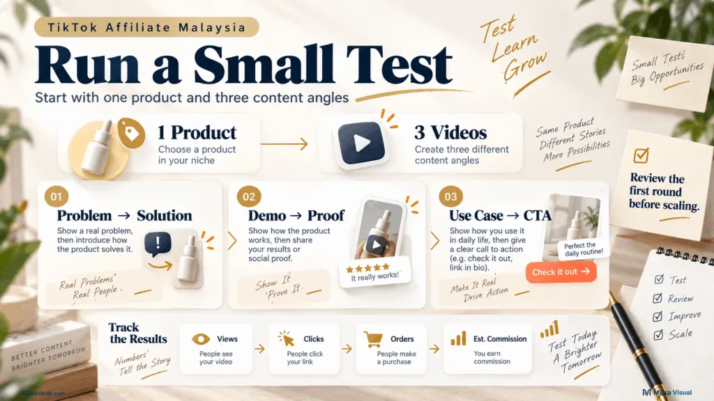 TikTok Affiliate Malaysia for Creators: How to Start in 2026 6 TikTok Affiliate test workflow using one product, three video angles and performance tracking