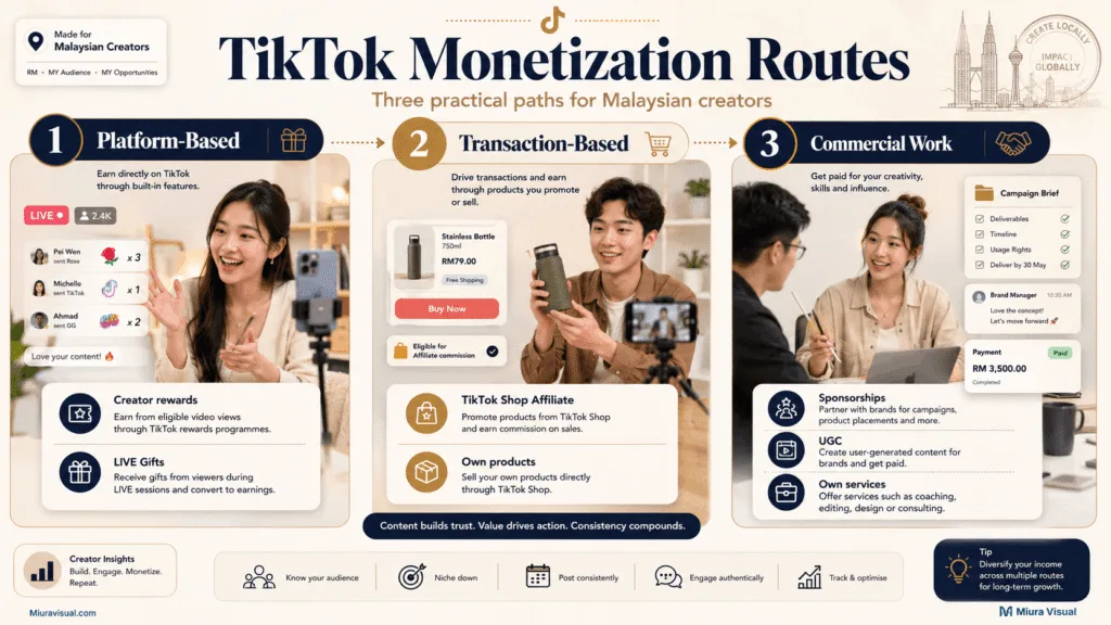 Editorial TikTok monetization graphic showing platform rewards, affiliate product sales and brand or service income routes in Malaysia.