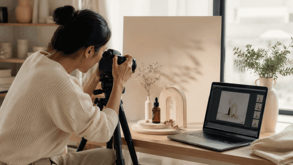 Photographer creating product visuals in a warm minimalist studio with camera, styled set and editing laptop