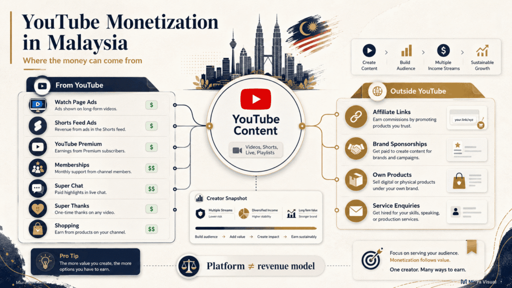 YouTube monetization in Malaysia showing YouTube revenue, affiliate links, sponsorships, products and service income sources