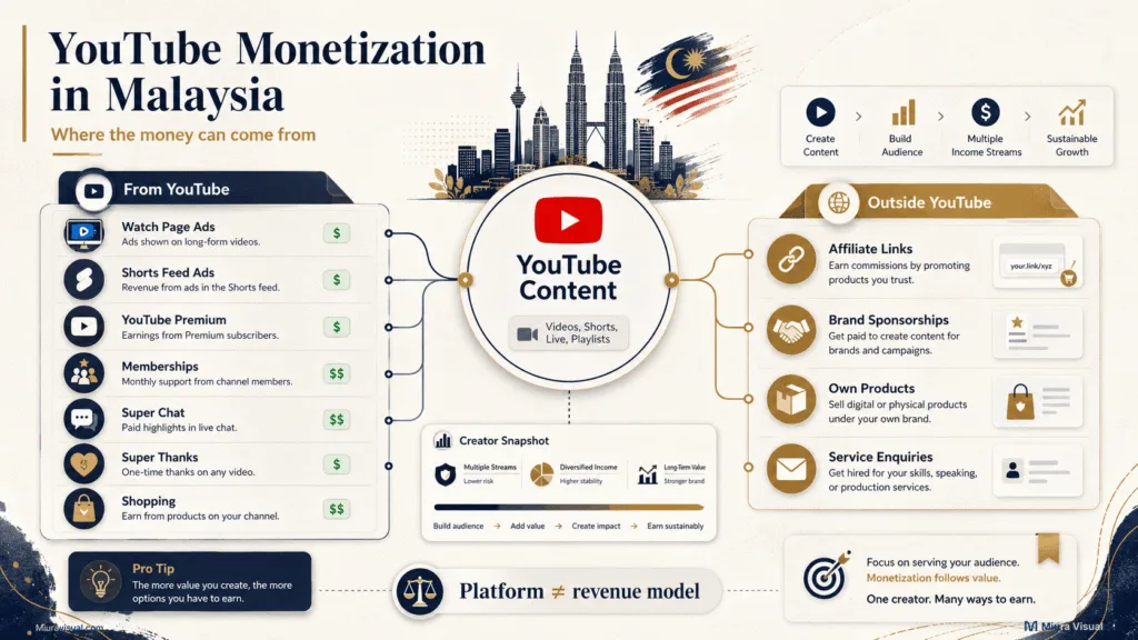 YouTube Monetization Malaysia: How to Start and Get Paid 2 YouTube monetization in Malaysia showing YouTube revenue, affiliate links, sponsorships, products and service income sources