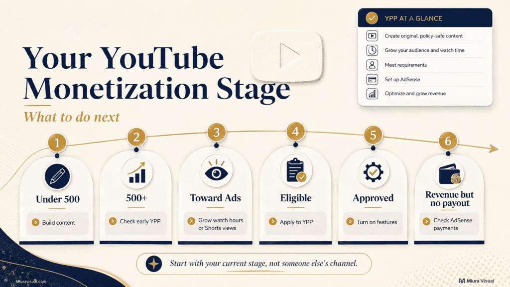 YouTube monetization stages showing what creators should do from under 500 subscribers through YPP approval and AdSense payment