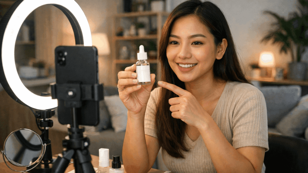 TikTok Affiliate Commission Rate Malaysia creators filming a product review video using a smartphone and ring light.